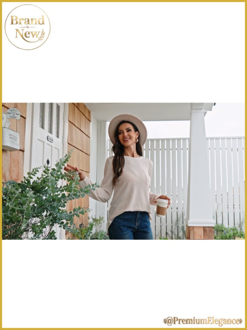 Waffle Knit Long Sleeve Blouse with Pocket Curved Hem Casual - Picture 6 of 6